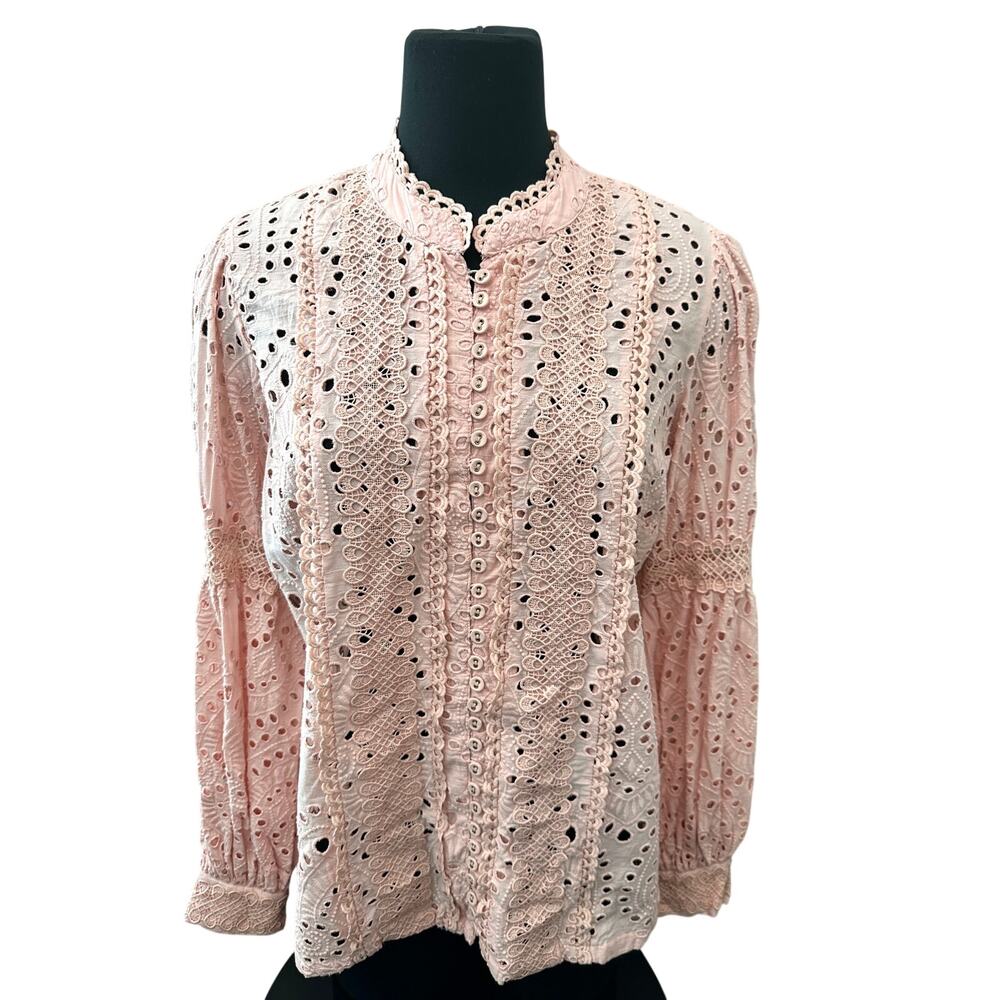 BOSTON PROPER Blush Pink Eyelet Lace Romantic Boho Blouse Top | Medium - Picture 3 of 7